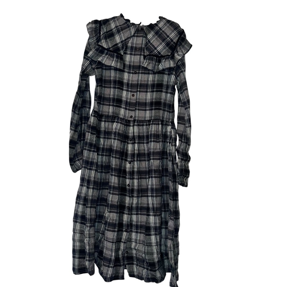 Louisella gray blue Plaid Long Sleeve girls Dress Sz 12 large yoke collar modest - Picture 2 of 3